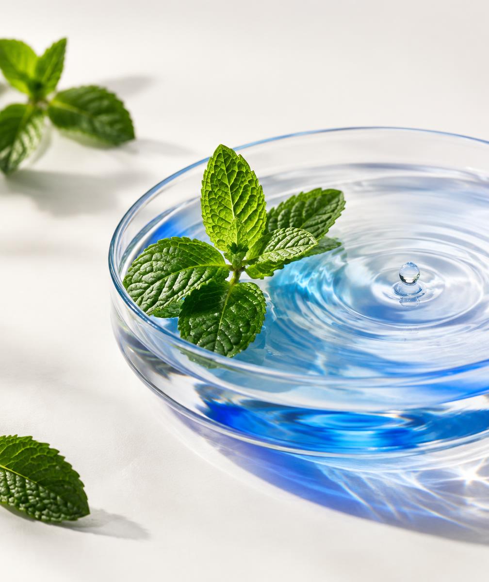 Fresh mint leaves beside clear water in a glass vessel